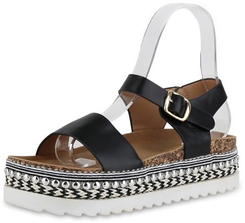 VAN HILL Damen Plateau Sandaletten Plateau Nieten Trendy Schuhe 214745 Schwarz 39