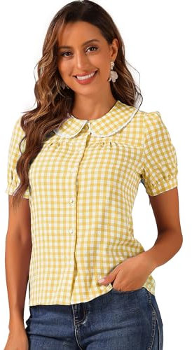 Allegra K Chemisier à Carreaux pour Femmes Contraste à Manches Courtes Bouffantes Haut Chemise à col Claudine Jaune S