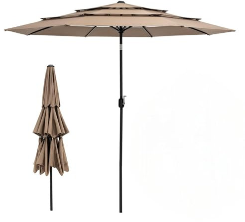 SPOTRAVEL 3M Garden Parasol, 3-Tier Double-Vented Patio Umbrella with Winding Crank & Tilt Function, Outdoor UV Protective Sunshade for Beach Poolside Terrace Deck (Coffee)