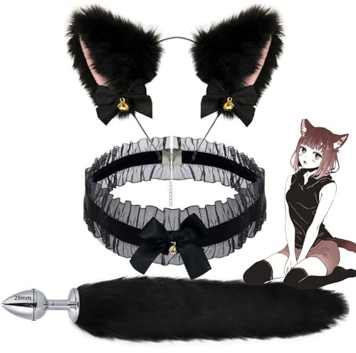 YUZHO BDSM Rollenspiel 3er Set Anal Plug Fuchsschwanz Analplug set Halskragen Plüsch Katzenohren Erotikspiel Erwachsenenspielzeug Paare Erotische dreier-garnitur