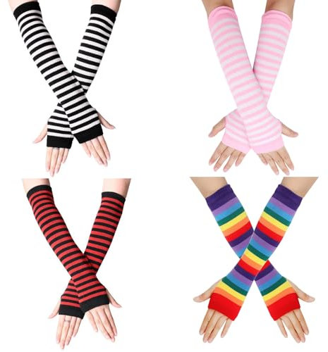 ZOCONE 4 Pairs Arm Warmers Long Fingerless Gloves for Women, Striped Arm Warmer Long Warm Arm Sleeves Women, Stretchy Wrist Warmers Sleeve Arm Warmers Gloves Autumn Winter Accessories (Bright Colours)
