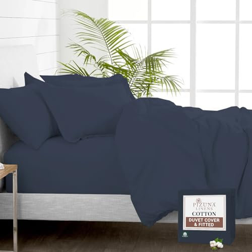 Pizuna Pure 100% Cotton Super King Duvet Cover with Super King Fitted Sheet Dark Blue, 400 Thread Count Long Staple Cotton Bedding Set, Soft Sateen Weave Quilt Cover Set & 40 cm Deep Fitted Sheets