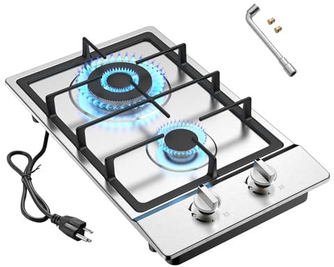 Nafewin - Estufa de gas de 2 quemadores, estufa de gas de 12 pulgadas, quemador de gas portátil de acero inoxidable con protección de termopar, Lpg/Ng, estufa de gas integrada de combustible dual para