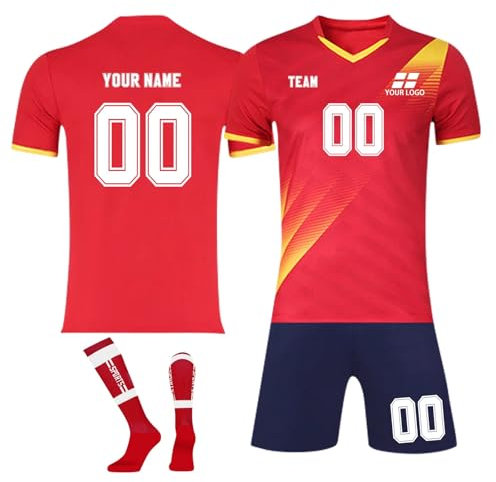 Personalised Football Kit for Kids Custom Football Jersey Personalised Team Name and Number Football Shirt Customizable Sports Uniform for Youth Men Women Gift Red