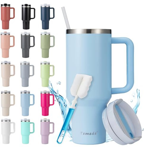 Temede Tazza termica con cannuccia e manico, 30 oz/0,9 l, grande tazza con coperchio e cannuccia, tazza da caffè da go, in acciaio inox, portatile, per bevande calde fredde