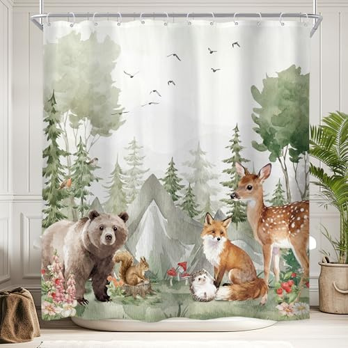 Newsely Rideau de douche pour enfants, animaux de la forêt, 183 x 183 cm, mignons animaux sauvages, rustique, ours de safari, cerf, rideau de douche, ensemble de salle de bain, chambre d'enfant