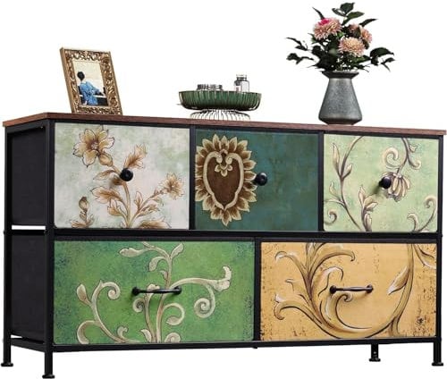 Cassettiera per Camera da Letto,Cassettiera in Tessuto con 5 Cassetti, Cassettiera Soggiorno con Struttura in Acciaio e Piano in Legno, Cassettone per Ripostiglio, Organizer Armadio per Corridoio
