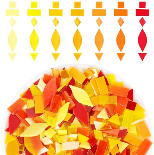 Latiiz-Mosaik-Glasfliesen zum Basteln, 320 Stück, rot, orange, gelb, gemischt, 5 Formen, quadratisch, Diamant-Blütenblatt, Dreieck, rechteckig, Buntglasstücke, Set für DIY-Kunstprojekte, Lampe,