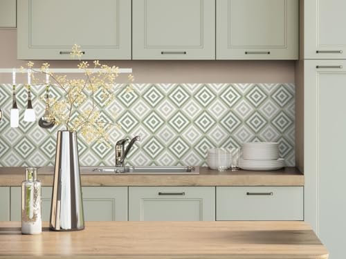 CAMELEO Crédence cuisine adhésive vinyle, effet carreaux de ciment Carthage vert sablé, 200 x 40 cm - Convient aussi comme adhésif décoratif pour meuble - résistant et imperméable