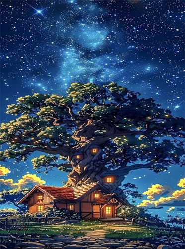 Malen nach Zahlen Kits Sternenhimmel-Baumhaus, DIY Handgemalt Ölgemälde Kit für Kinder Anfänger und Erwachsene, Ohne Rahmen Digitales DIY Ölgemälde Set mit Pinseln und Acrylfarbe, 30x40cm