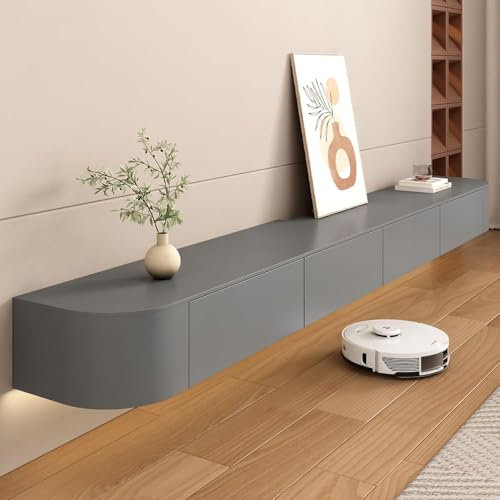 Meuble TV Suspendu, Meuble TV Flottant, Noir Meuble Télévision Mural en Bois Massif avec 2 Tiroirs, Design Élégant et Suspendu, Étagère de Rangement pour Salon ou Chambre (Gris, 160cm)