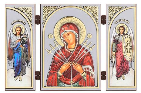 NKlaus - Gottesmutter der Sieben Pfeile - Ikone Triptychon Christlich - 8,5x13cm - reise Altar Holz 16649