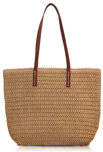 Bototack Straw Beach Bag For Women, Large Summer Straw Tote Bag with Zip, Boho Casual Shoulder Bag Handbags for Travel, Holiday and Shopping (Khaki)