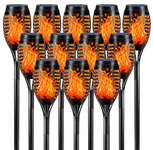 LQWELL® Solarleuchten Solar Fackellicht für Außen Garten 12 Stück 12 LED Solarlampe mit Realistischer Flammeneffekt IP65 Wasserdicht Gartenfackeln Solar Weg Hinterhöfe Rasen Beleuchtung (12 Stück)