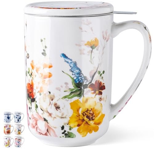 GBHOME Teetasse Siebeinsatz&Deckel,530ml Keramik-Teetasse loser Tee,MW&Spülergeeignet,Ideal für Teeliebhaber,Schmetterling Blume