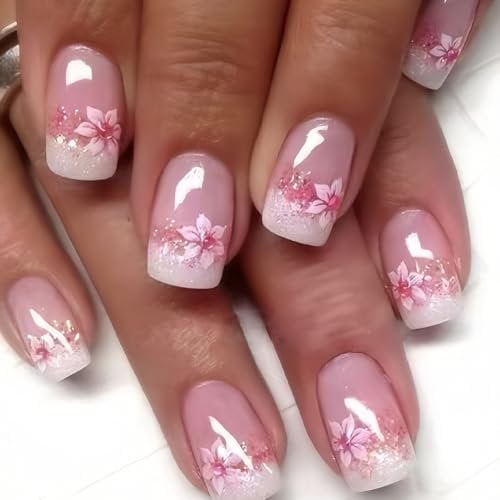 24Pcs Flower French Tip False Nails, Short Square Nude Pink Peach Blossom Press on Nails with Elegant Design, Spring Summer Cute Floral Acrylic Full Cover Fake Nails for Women Manicure Decoration
