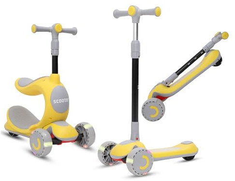 Kinderroller – 3-in-1 Kinder Roller Dreirad mit Sitz & LED Rädern, höhenverstellbar & faltbar – Roller Kinder für Jungen & Mädchen, sicher & robust, ideal als Tretroller ab 2 bis 10 Jahre - Gelb