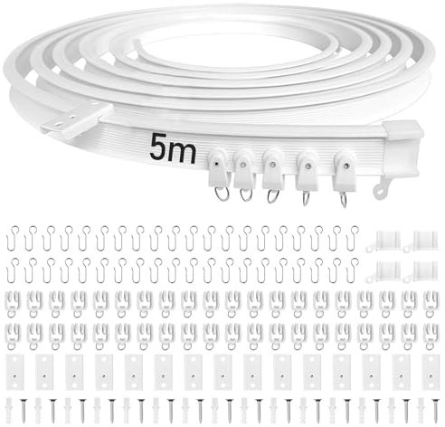 Binario flessibile per tenda da soffitto, 5 m, colore bianco, con ruote silenziose, ideale per finestre della doccia, divisori per camper, privacy e decorazione per la casa