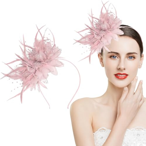YAWYO Rosa Fascinator-Stirnband, Federnetz-Haarschmuck, Kunstblumen, Fascinator für Damen, Hochzeit, Cocktailparty, Teeparty