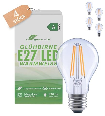 greenandco 4x Glühbirne E27 LED warmweiss, klar, 2.2W 470lm, A60 | 230V Glühfaden LED Lampe ersetzt 40W, 2700K, 320° Abstrahlwinkel, flimmerfrei, Energieeffizienzklasse A, nicht dimmbar
