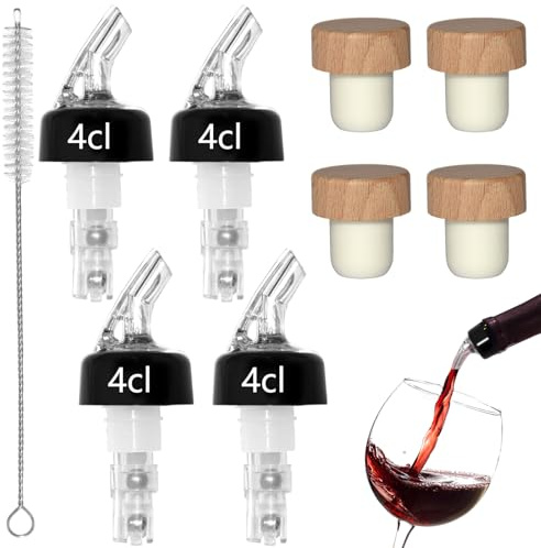 PXBSNB 4 Stück Flaschenausgießer 4cl, Ausgießer Spirituosen Auto-Pour, Kunststoff Dosierer Schnapsspender mit 4 Weinstopfen, Portionierer Ausgiesser für Spirituosen für Wein Schnaps Cocktails Öl