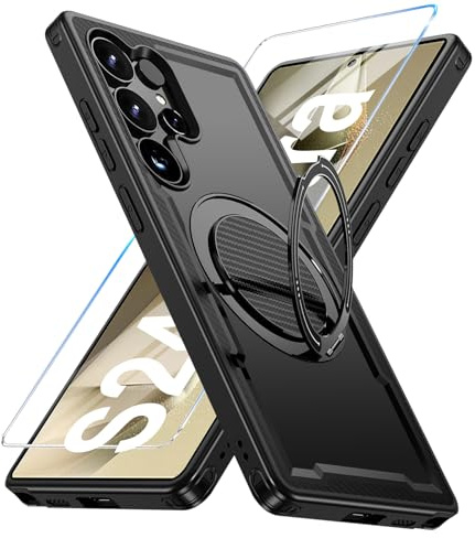 Handyhülle für Samsung Galaxy S24 Ultra Hülle fit für Mag-Safe, 360 Grad Magnetisch Metall Ring Handytasche Case Ständer TPU Bumper & PC Stoßfest Kratzfest Schutzhülle mit Schutzfolie (Schwarz)