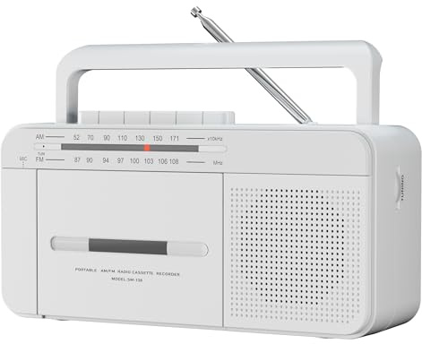 SEMIER Portable Cassette Player Recorder Boombox with AM/FM Radio, AC or Battery Powered Vintage Casette Tape Player with Loud Speaker and Earphone Jack for Home or Outdoor White