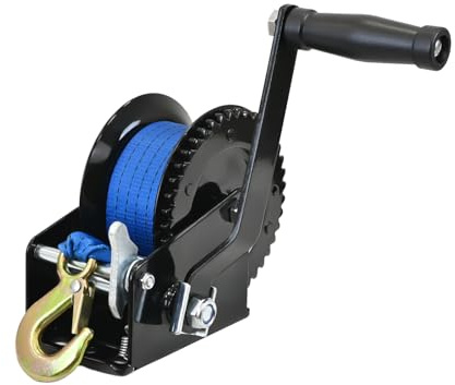 TRUTZHOLM Gurtwinde 540 kg / 1200 lbs Polyestergurt Gurtlänge 10 m Gurtbreite 5 cm Lasthaken mit Sicherheitsbügel Sperrhebel 21 cm Handkurbel ergonomisch Bootswinde Handwinde