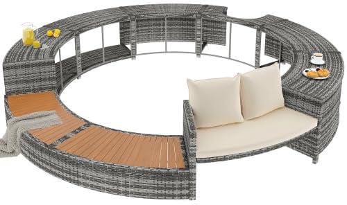 muenfly Garten-Lounge-Set mit runder Couch – PE-Rattan Möbel für Whirlpool & Pool – Inkl. Kissen, Stauraum, verstellbaren Füßen – Perfekt für Terrasse, Garten & Outdoor