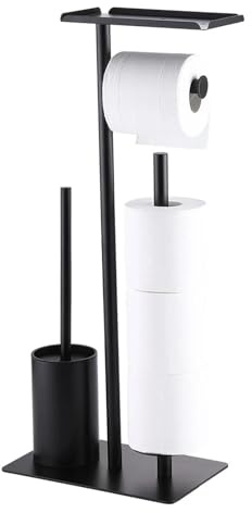 Stainless Steel Standing Toilet Set – Freestanding Toilet Paper Holder with Toilet Brush & Bathroom Storage, Black/Chrome Bathroom Organizer
