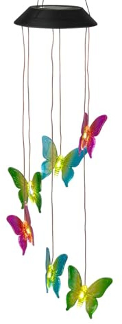 formano Solar Mobile Schmetterlinge Hängelampe Garten aus bunten transparentem Acryl Hängedeko für Balkon & Terrasse, warmes LED Licht - Höhe 60 cm Ø 13 cm
