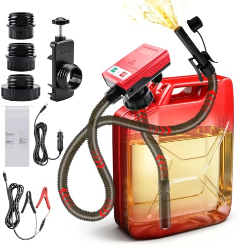 SYNJAUPO Pompa per Travaso Benzina con Sensore di Arresto Automatico,3.2GPM | 12 L/min,Ricarica a 12 V CC, Ricarica Tramite Accendisigari,Ingresso Olio da 28 mm,Adattatore di 4 Dimensioni,Tubo da 130 cm