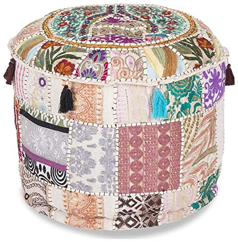 Bezug von Aakriti Gallery für Fußhocker und Sitzkissen im indischen Design, dekorativer Bezug aus Baumwolle, 56 x 35 cm weiß