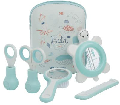 Bebeconfort Babypflege-Set, Inklusive Babyhaarbürste, Babykamm mit Babyspiegel, Baby-Nagelknipser, Babyschere und Baby-Badethermometer, 0m+, Water World