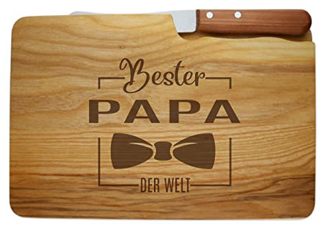 FORYOU24 Brotzeitbrett mit Messer und Gravur Motiv 07 - graviert mit -Papa ist der Beste- Schneidebrett aus Holz Geschenkidee zum Vatertag oder Geburtstag 26x15cm