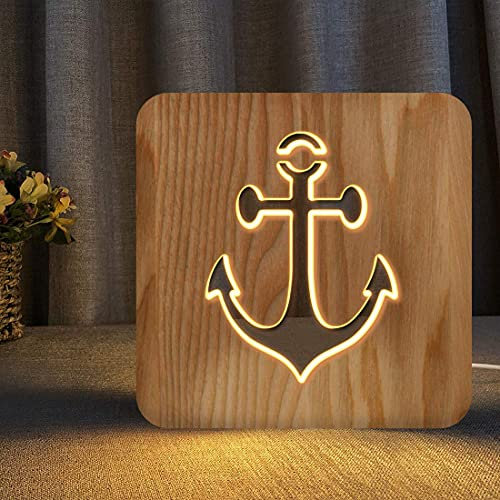 Segelboot Anker Holz Schnitzerei Nachtlicht Warmweiß LED Nachttischlampe für Zuhause Zimmer Party Dekoration, Kreative Nautische Geschenke für Männer Frauen Freunde Ozeanliebhaber
