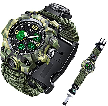 Kavie Mens Tactical Military Digital Watch, 23-in-1 Survival Multi-Functional Army Outdoors Waterproof Camouflage Sports Watches LED Electronic Wristwatches with Compass Paracord Band
