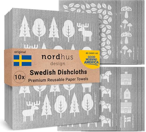 Nordhus Design Swedish Tea Towels, 10 Pack, Grey, Made in Sweden, Reusable, Washable, Cellulose Cotton, Replace Napkins, Wipes, Sponges and Dish Rags