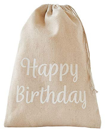 | 3 Geschenkbeutel in Leinen-Optik - Happy Birthday - 23x16 cm, Baumwollbeutel, Stoffbeutel, natürliche Geschenkverpackung, Geburtstag, Muttertag, Hochzeit, Feste, Danke sagen