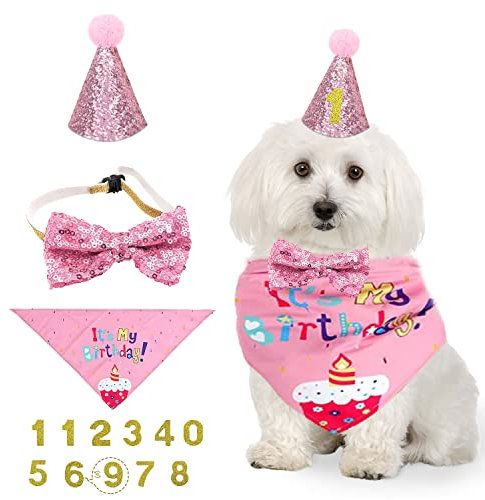 NITAIUN 4 Stücke Hund Geburtstag Bandana Set, Hund Geburtstag Partyhut Halstuch Krawatten Hunde Zubehör Set Haustier Geburtstagsset mit Headwear Kostüm für Katzen Hunde (Rosa)