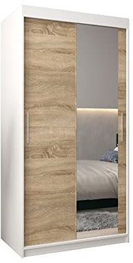 E- MEUBLES Armoire de Chambre avec 2 Portes coulissantes et Miroir, Penderie (Tringle) avec étagères (LxHxP): 100cmx200cmx62cm TORM 2 Blanc+Chêne Sonoma, 100cm