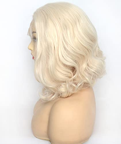 BLUPLE Blonde Platinum Lace Front Wig Bob Style Short Blonde White Wavy Wavy Synthetic Hair Middle Side Hand Tied Replacement Wig 12 Inch