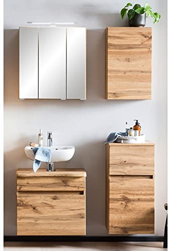 Lomadox Badezimmermöbel Set in Wotan Eiche Nb. mit Abdeckplatte in Baumkanten Optik und LED Beleuchtung, B/H/T: ca. 116/200/40 cm