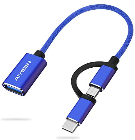 AIYEEN Adaptador USB C/Micro a USB 2 en 1, USB C a USB 3.0, Cable Adaptador USB a Android OTG Compatible con MacBook Pro Android Google Samsung y más, Azul