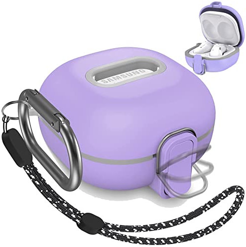 Miimall Case for Samsung Galaxy Buds2 Pro/Galaxy Buds Pro/Galaxy Buds2/Galaxy Buds Live, [Metal Lock Switch] [Carabiner] [Lanyard] Silicone Shockproof Protective Case for Galaxy Buds2 Pro-Purple