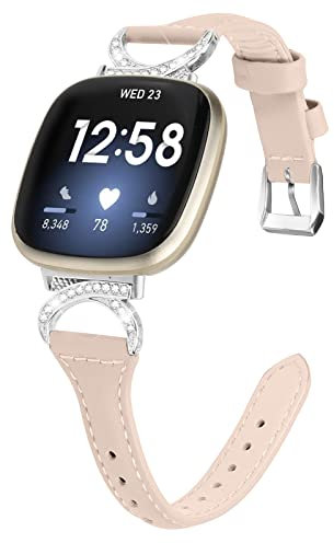 Gimuk Leather Strap Compatible with Fitbit Versa 4/Sense 2, Women's Genuine Leather Sport Band with Metal Bling Rhinestone for Fitbit Versa 3/Sense (Apricot)