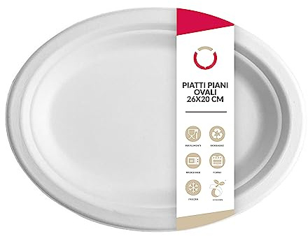 DOT Horeca Solutions 500 Piatti piani OVALI bianchi carta bagassa 26x20 CM usa e getta monouso piatto ovale polpa di cellulosa biodegradabili compostabili riciclabili bio | bianco canna da zucchero