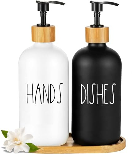 Arktek Glas Seifenspender Set, 500 ml Seifenspender Glas Schwarz-Weiße mit Tablett, Badezimmer Set für Spülmittel, Handseife, Lotion für Bad und Küche Arbeitsplatte