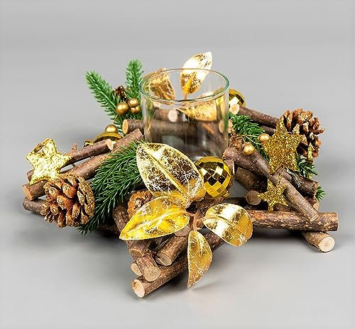 22cm Star Tealight Votive Candle Holder - Wooden Twigs Base Decorated with Golden Baubles,Berries,Leaves,Stars,Foliage,Pine Cones - Christmas Home Table Decoration
