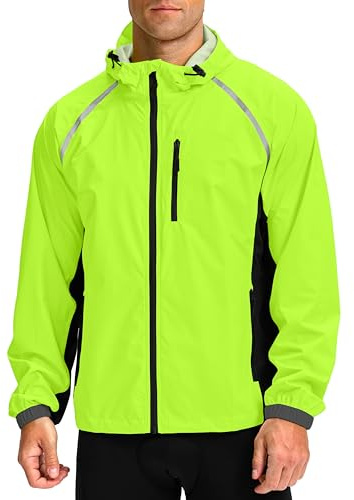 Men's Cycling Rain Jackets Waterproof Running Bike Windbreaker Hooded Reflective Biking Windproof Bicycle Riding(Fluorescent Yellow/Black,XL)